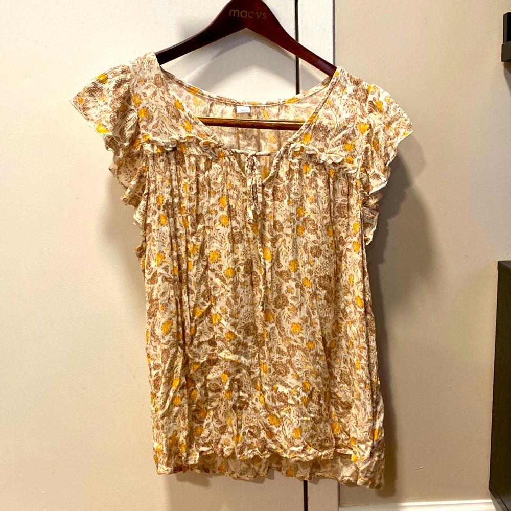 Yellow and brown top with drawstring in front. Size large
